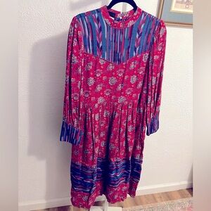 Anastasia Blue and Pink Bishop Sleeve Mock Neck Dress